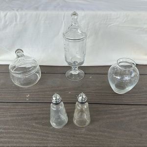 Princess, house, salt, and pepper shakers. Small vase and  candy dishes.